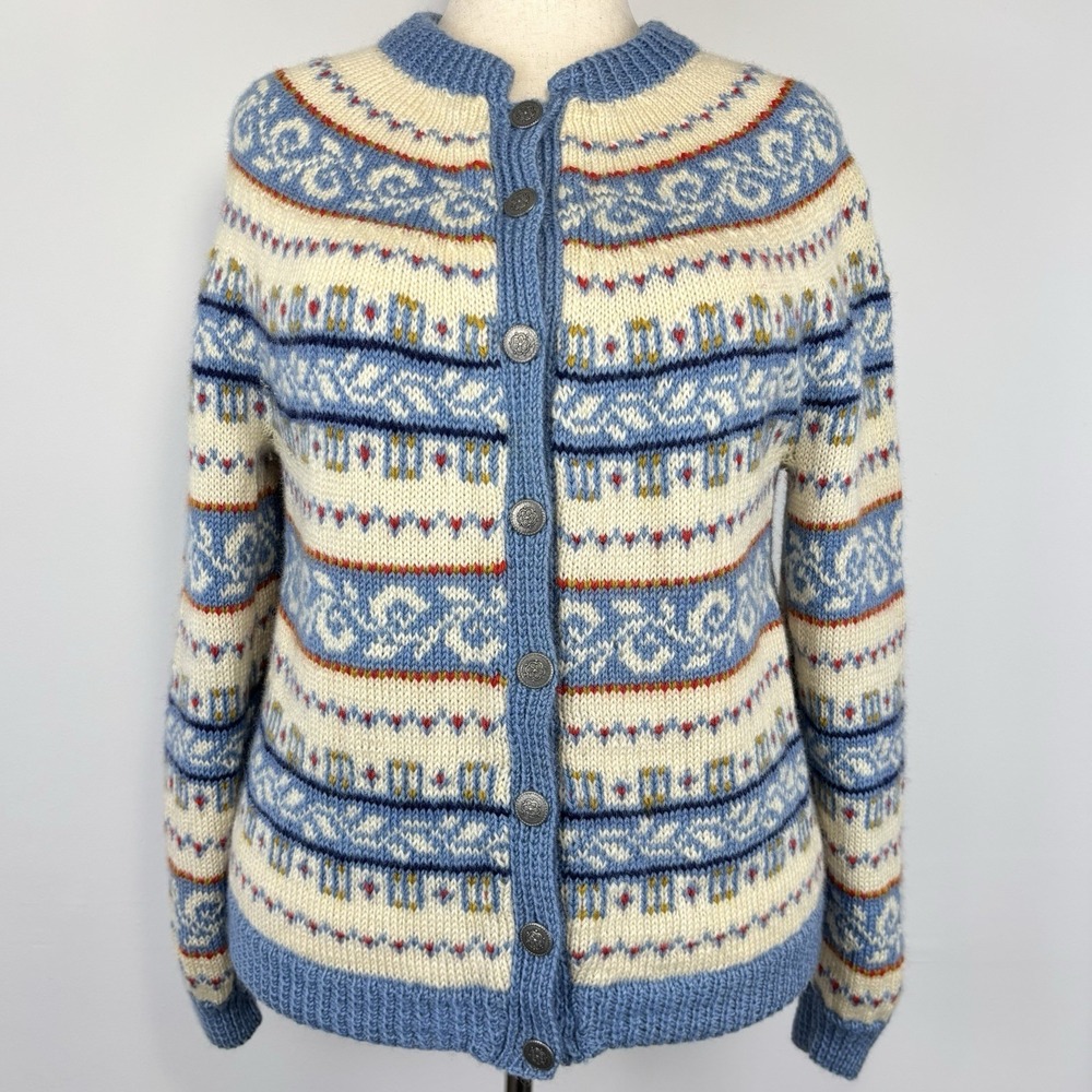 Norwegian Cardigan Women L XL Cream Blue Hand Knit Wool Fair Isle Nordic Sweater